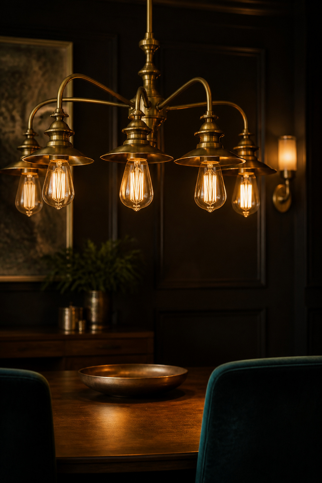 Brass chandelier casting warm amber light over a dark dining table with deep charcoal walls and a wall sconce glowing in the background
