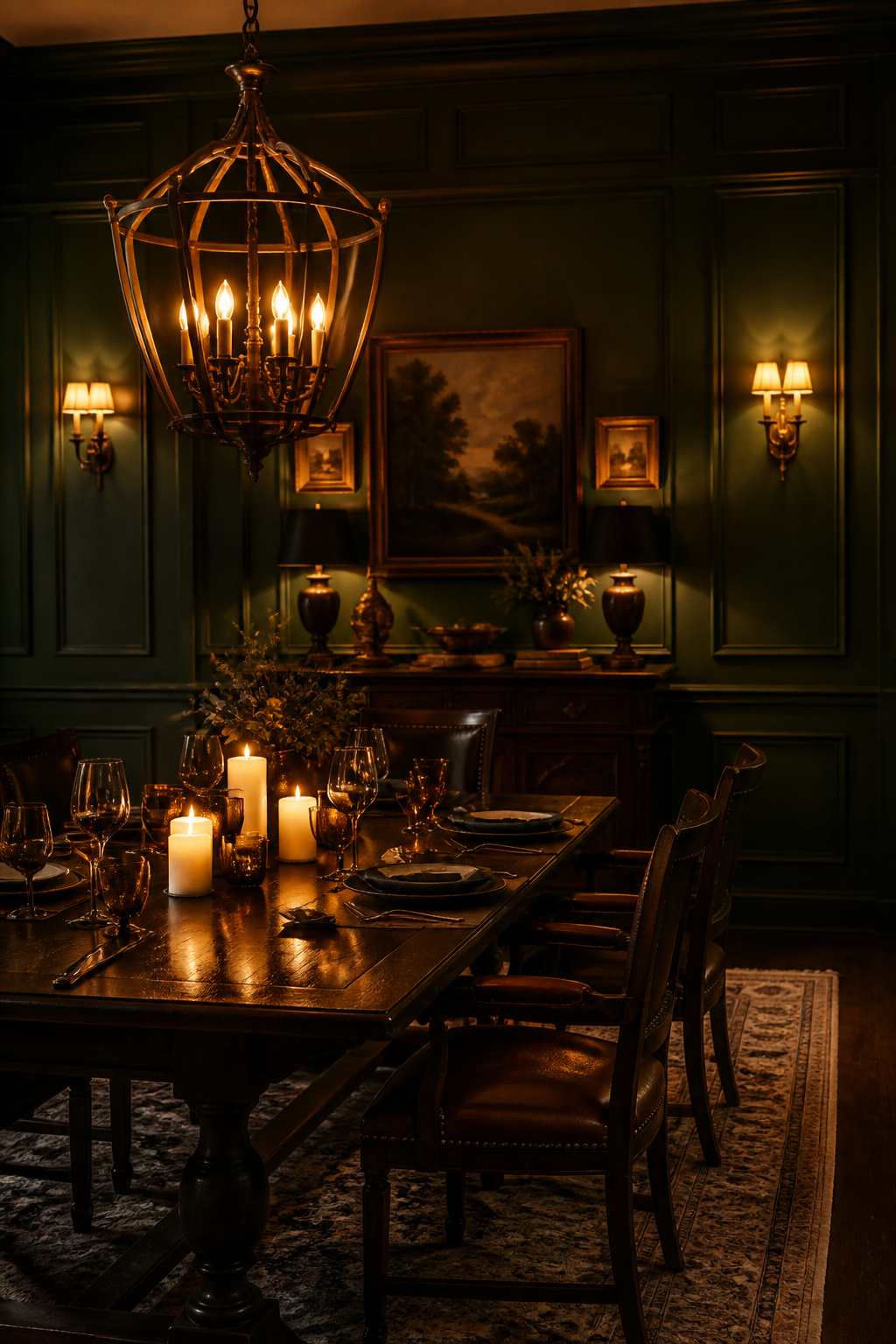 Moody dining room with layered lighting — aged brass chandelier, flanking wall sconces, and candlelit table against deep green panelled walls