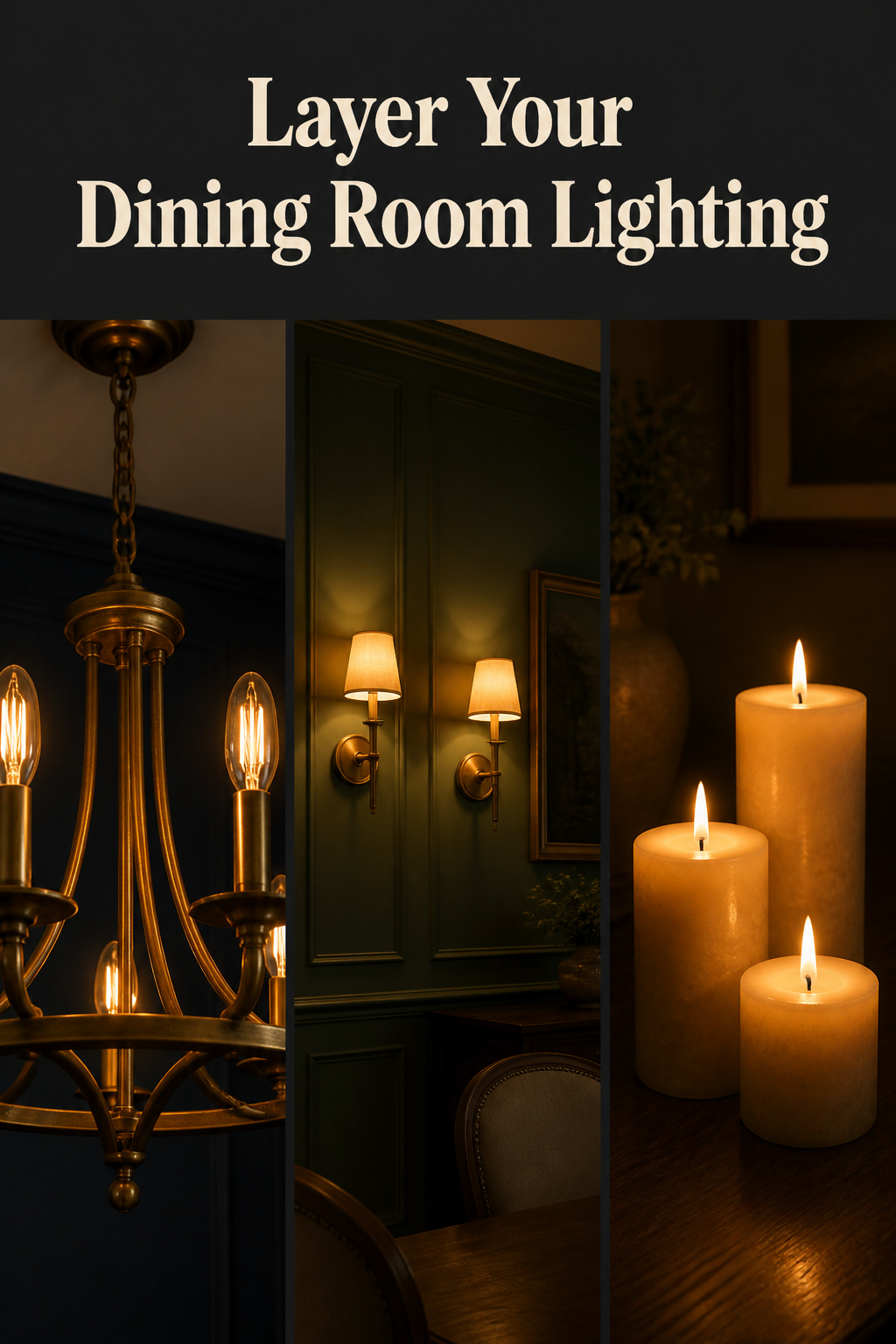 Pinterest pin showing three moody dining room lighting layers: aged brass chandelier, flanking wall sconces, and pillar candles on a dark table