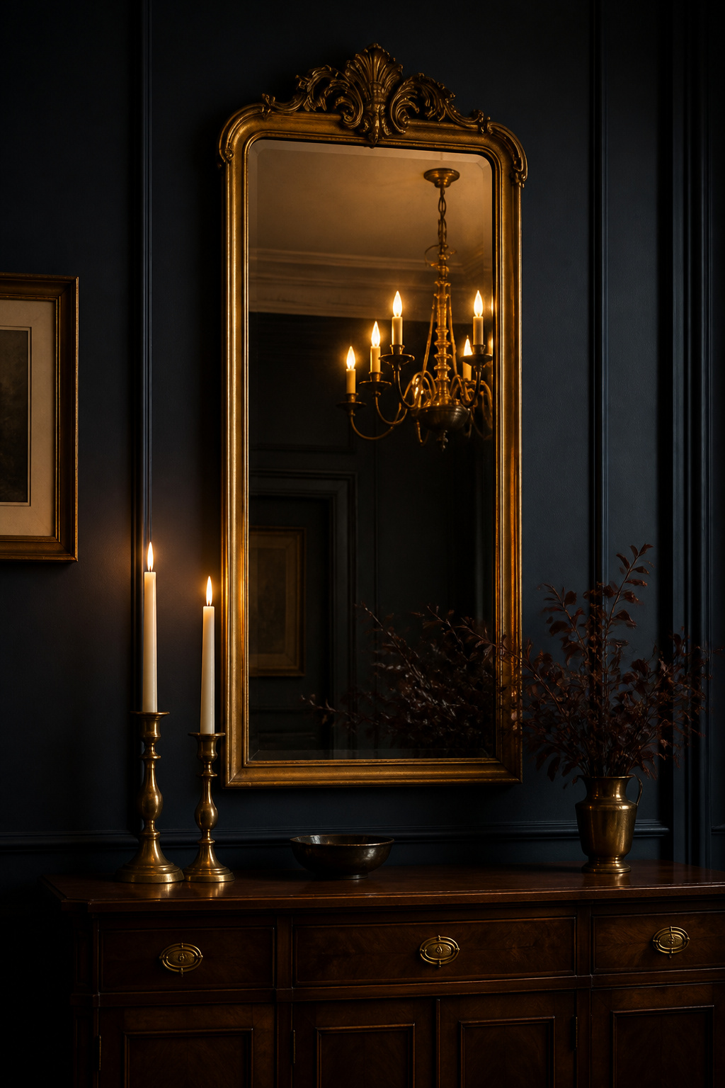 Tall gilt pier mirror above a dark-walnut sideboard reflecting brass chandelier warmth on a navy dining room wall