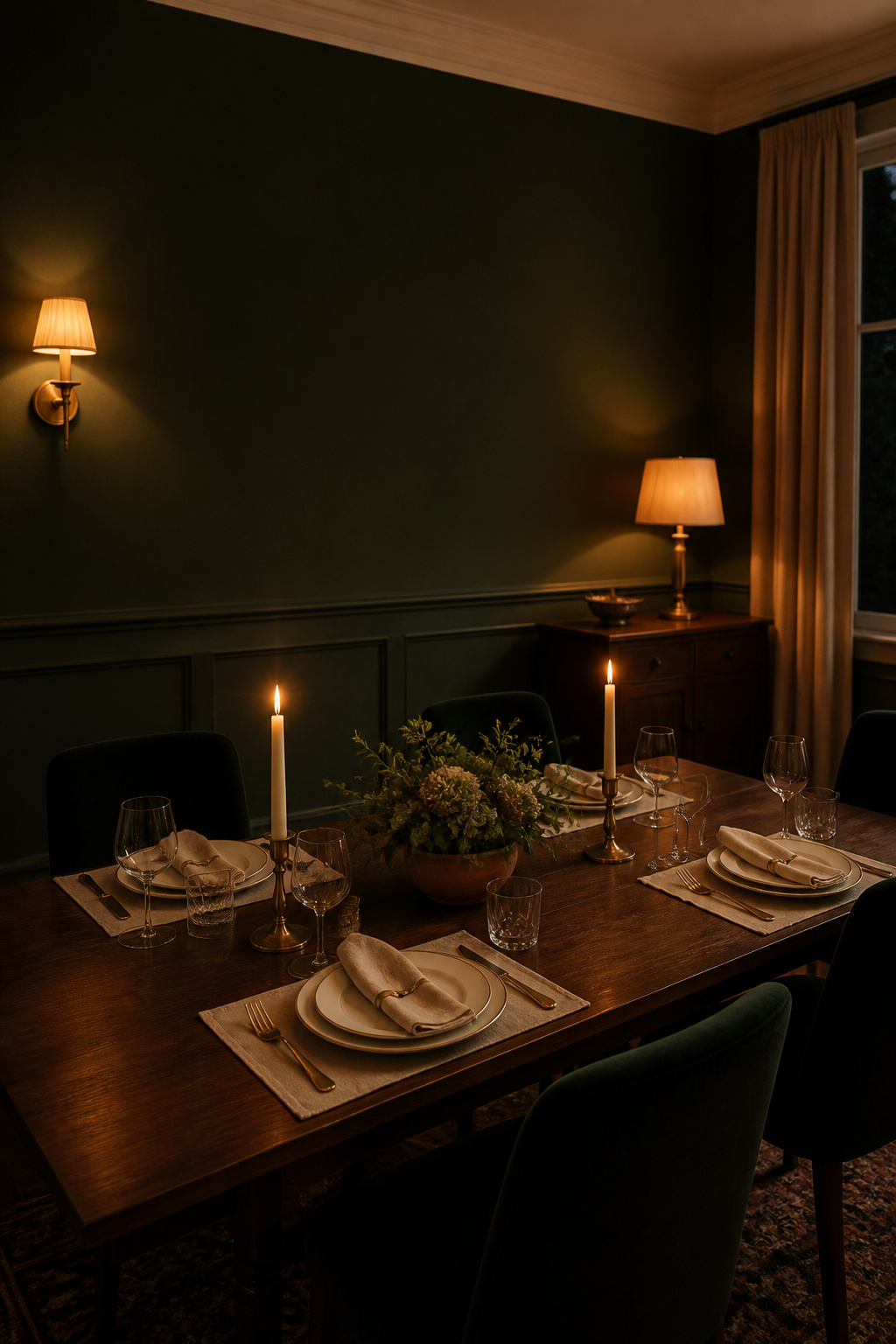 Moody dining room with deep forest green matte walls, dark walnut table set for dinner with brass candlesticks and velvet chairs