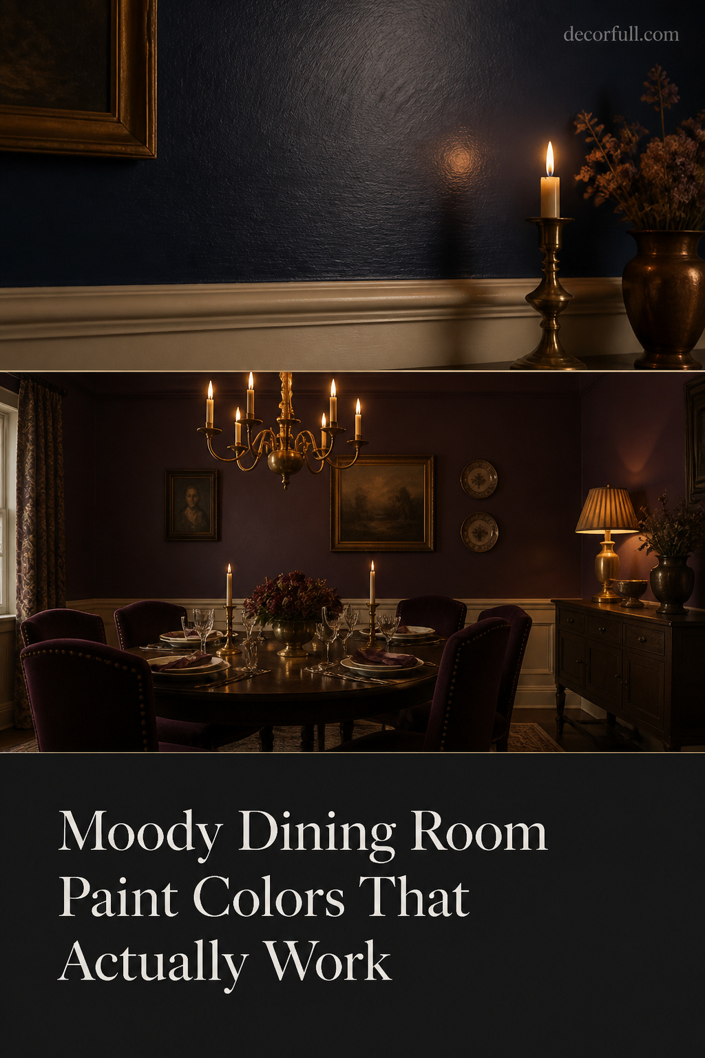 Pinterest collage of moody dining room paint colors: deep navy close-up, aubergine dining room at dinner, charcoal text overlay panel