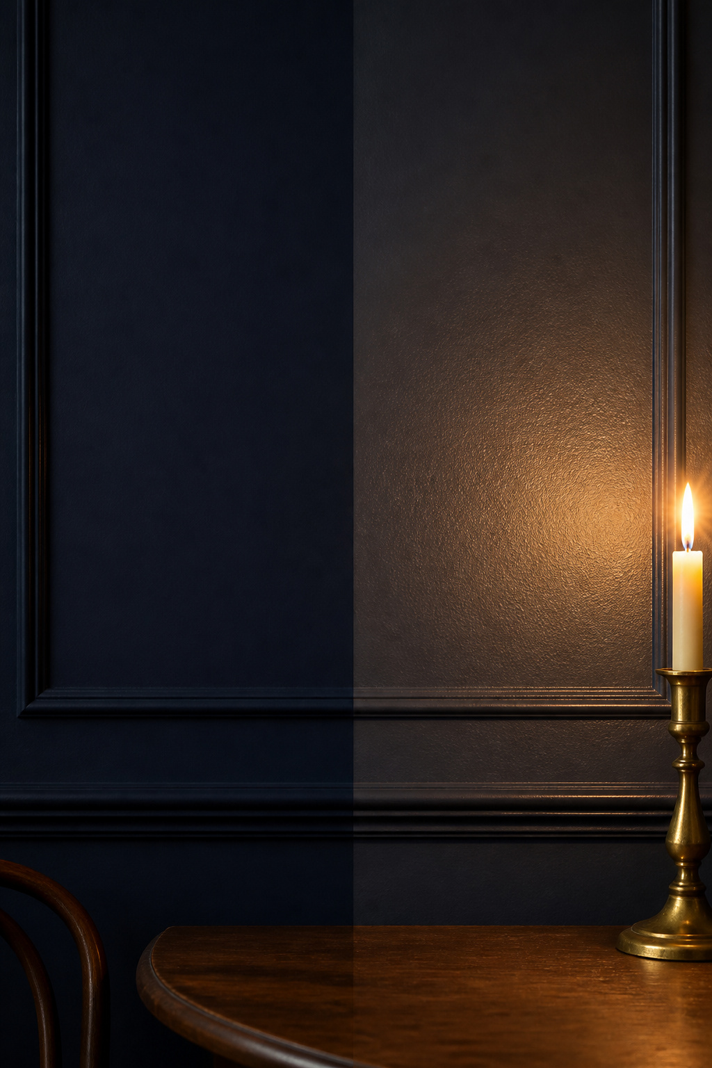 Side-by-side comparison of the same dark navy paint in matte flat versus eggshell finish under warm candlelight