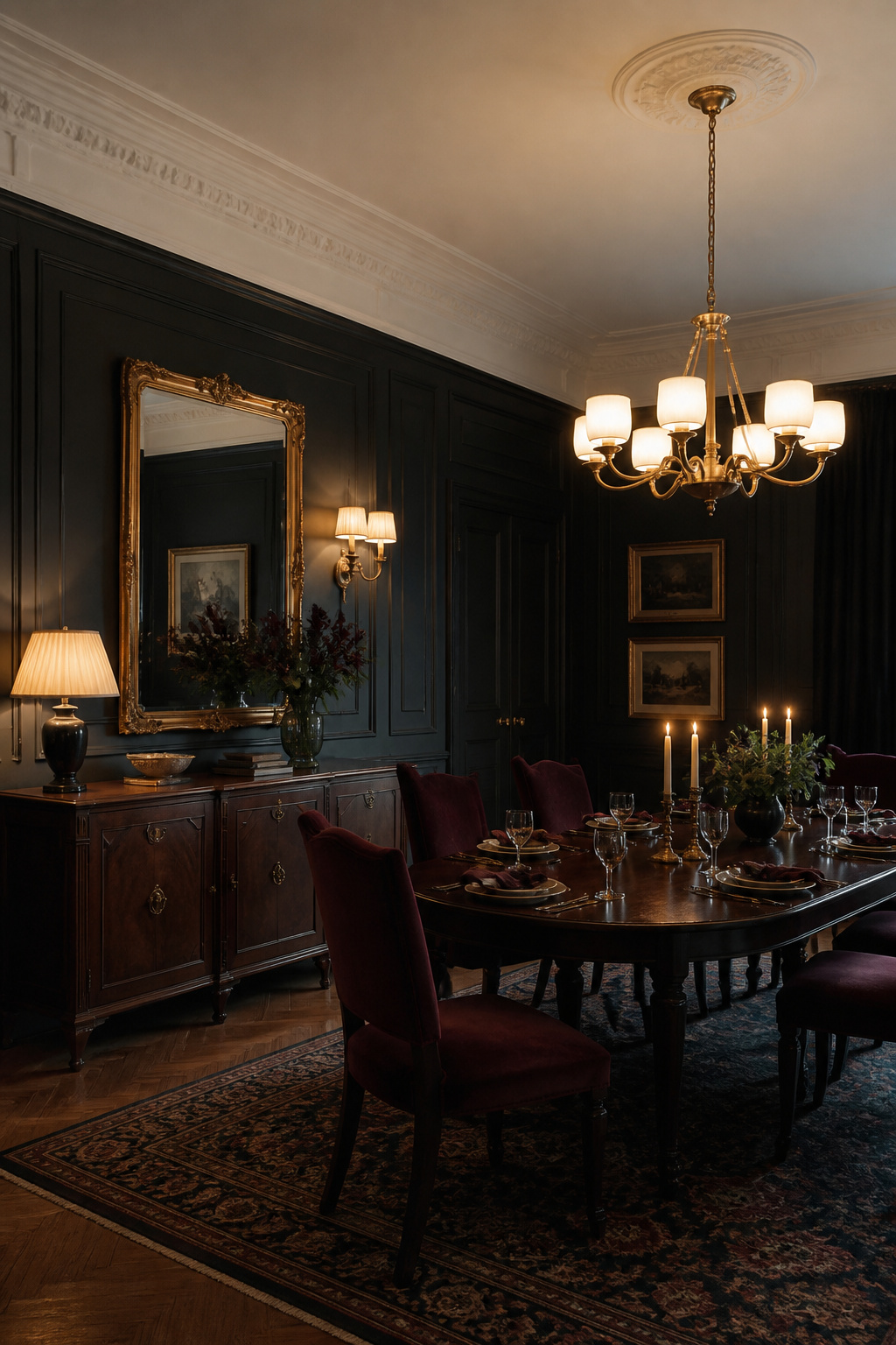 Full moody dining room with dark panelled walls, warm chandelier, sideboard mirror, velvet chairs and white cornice showing the complete design system