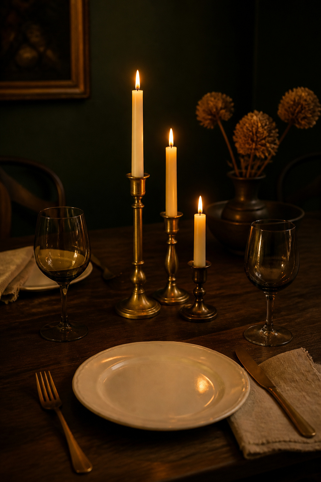 Dressed moody dining table with three brass candlesticks at staggered heights, smoked glassware and ivory taper candles