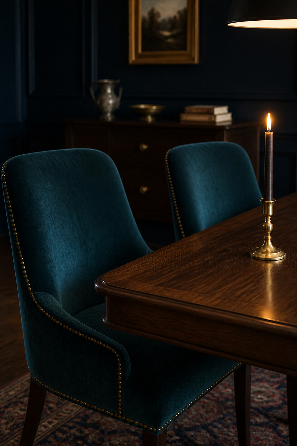 Deep teal velvet dining chairs beside a dark walnut table with a brass candleholder in a moody navy dining room
