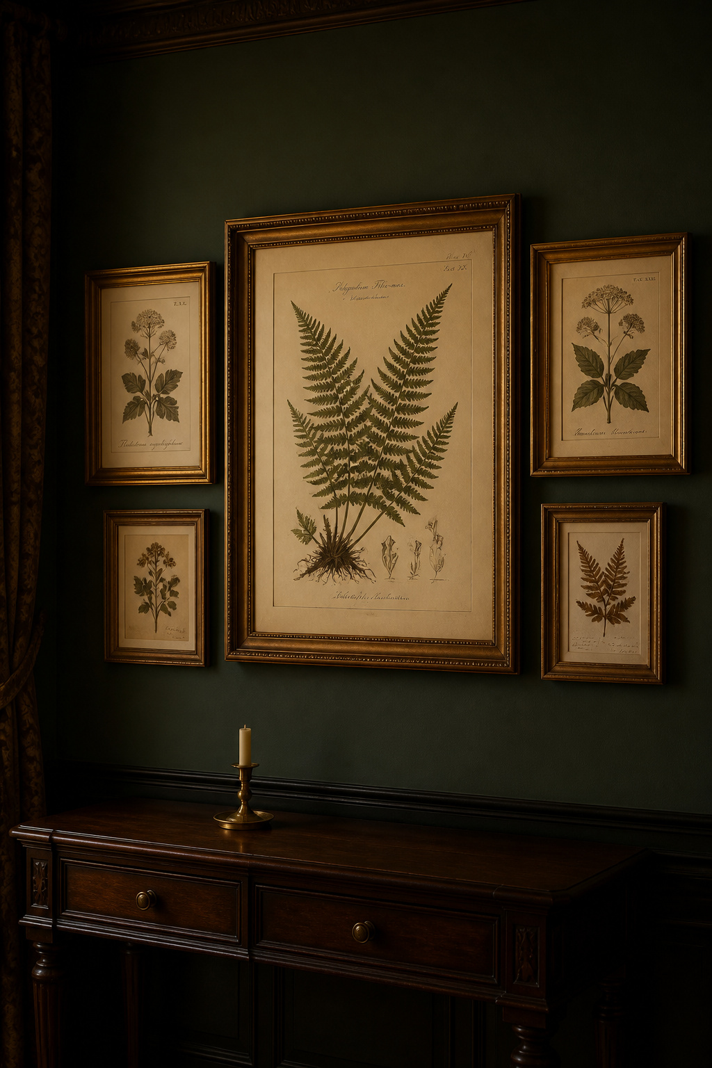 Salon-style gallery of gilt-framed botanical prints arranged on a deep forest-green dining room wall