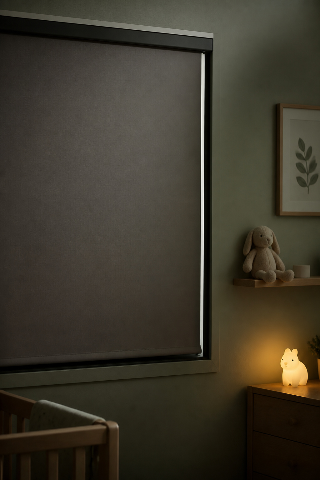 Motorized blackout roller shade fully lowered over a nursery window, blocking nearly all light for nap consistency