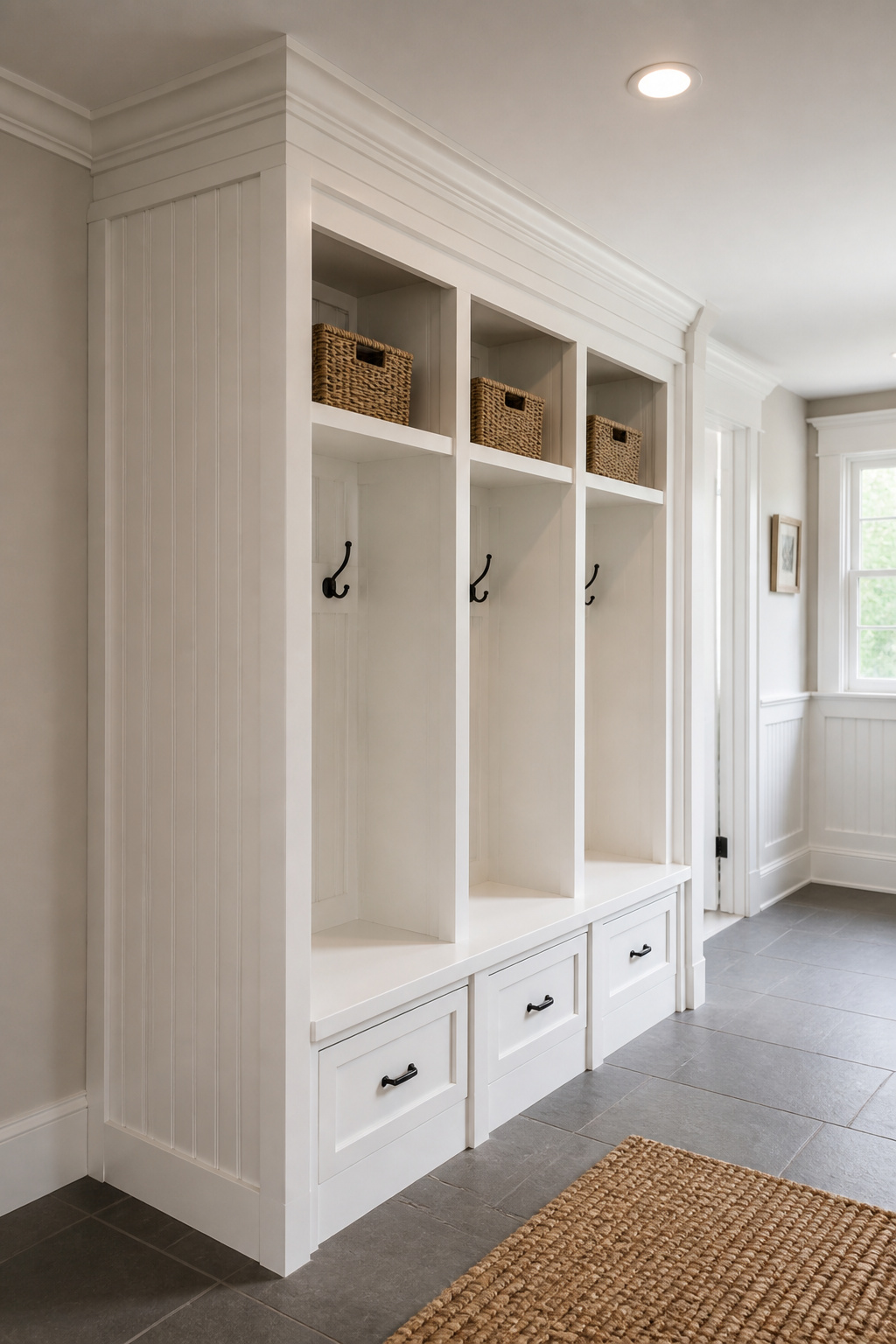 White modular mudroom locker unit styled with crown moulding cap and beadboard side panels to look fully built-in