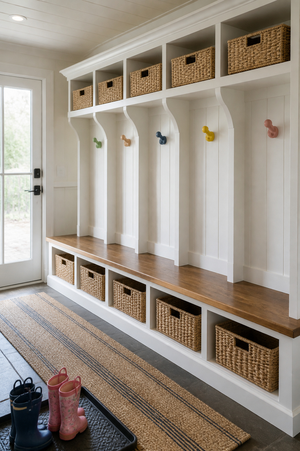 Built-in white mudroom bench with individual cubbies, woven baskets, and colour-coded hooks at child height in a family entryway