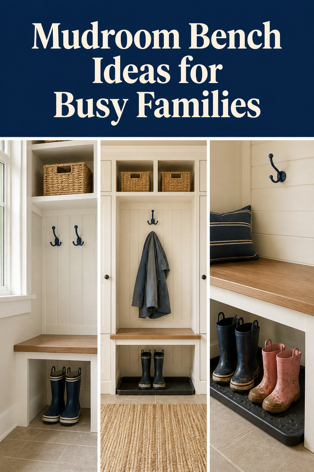 Pinterest collage showing three mudroom bench ideas for busy families: colour-coded cubbies, built-in lockers, and laminate bench with boot tray