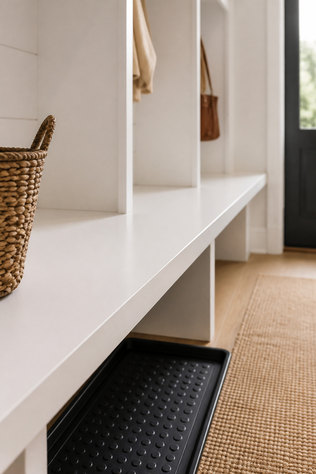 White laminate mudroom bench seat with rubber boot tray below, showing wipe-clean surface detail in a family entryway