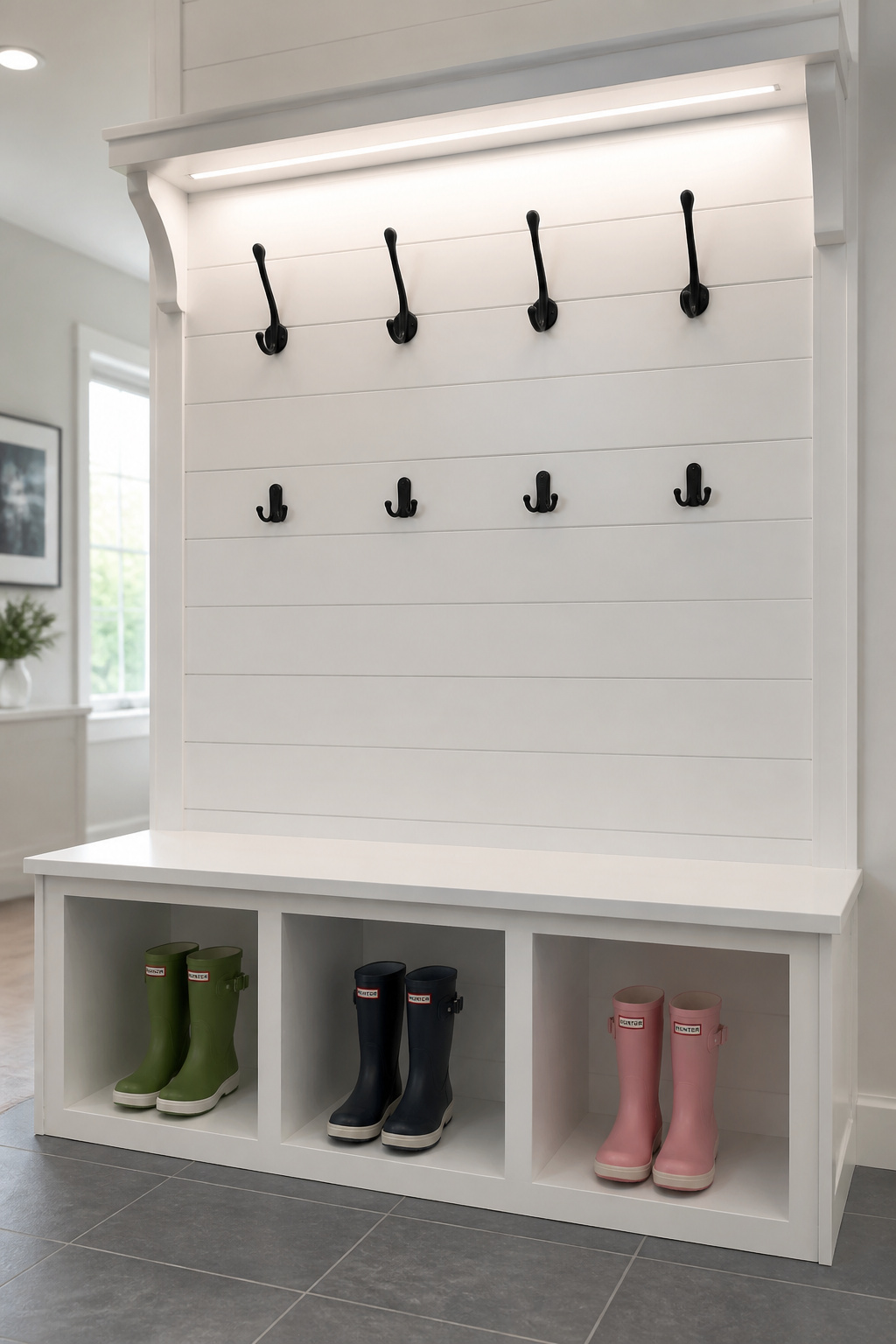 White built-in mudroom bench with three cubbies holding rubber boots and two rows of matte black coat hooks above