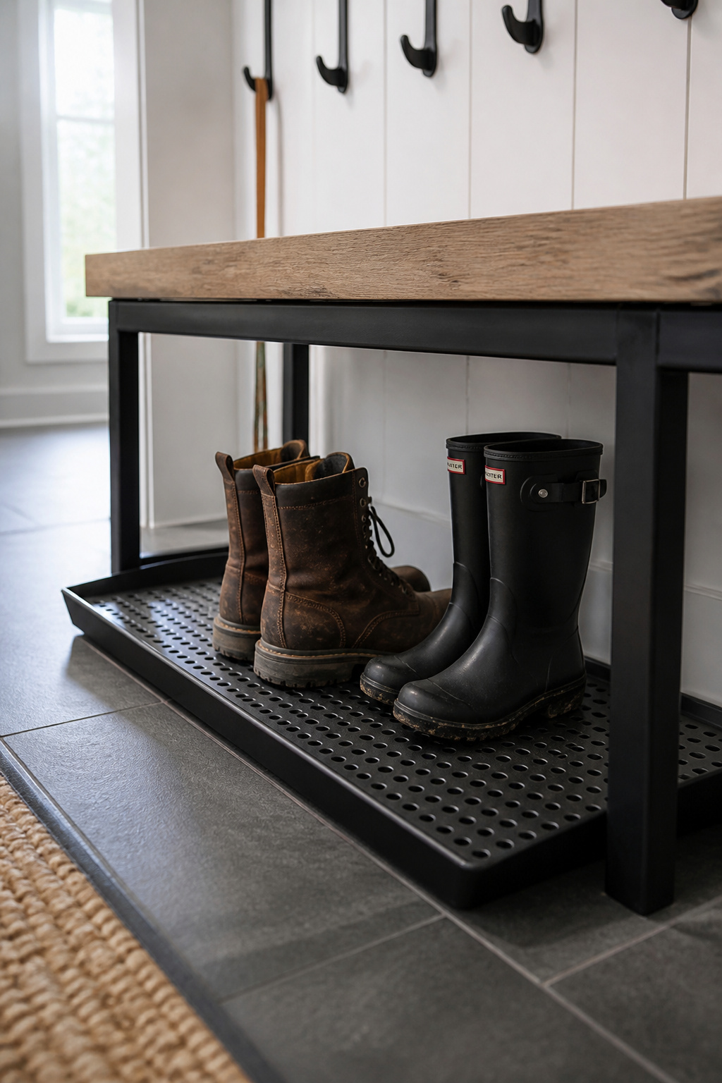 Perforated metal boot tray under an open mudroom bench with powder-coated hooks above for drip-drying wet coats