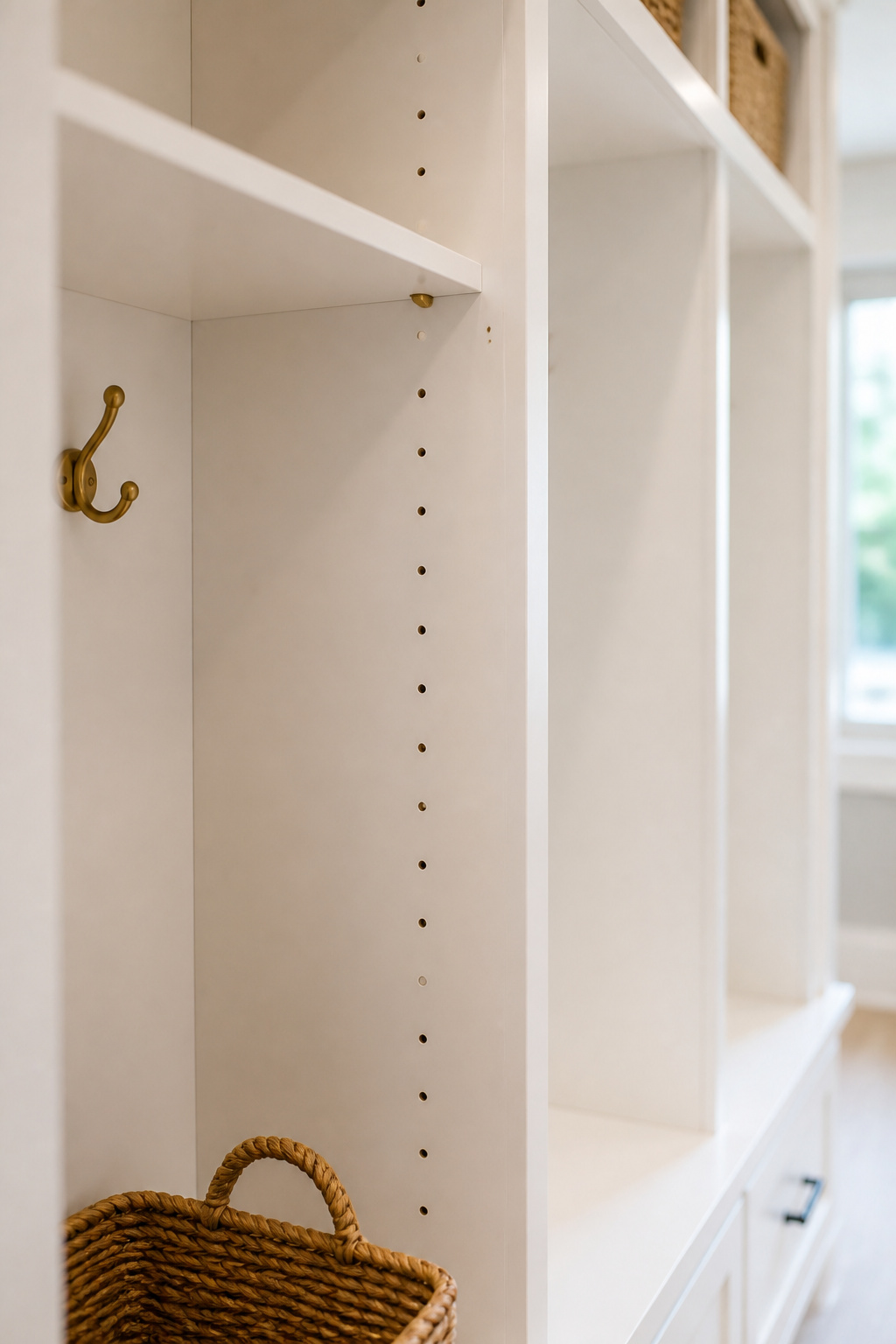 Interior of a white laminate mudroom cubby showing visible shelf-pin holes for adjustable shelving at multiple heights