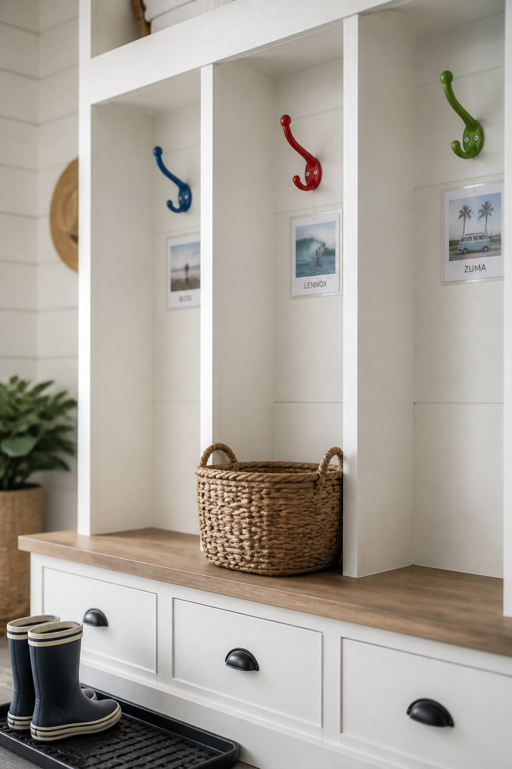 Three white mudroom cubby sections with colour-coded hook pegs and laminated labels for each family member
