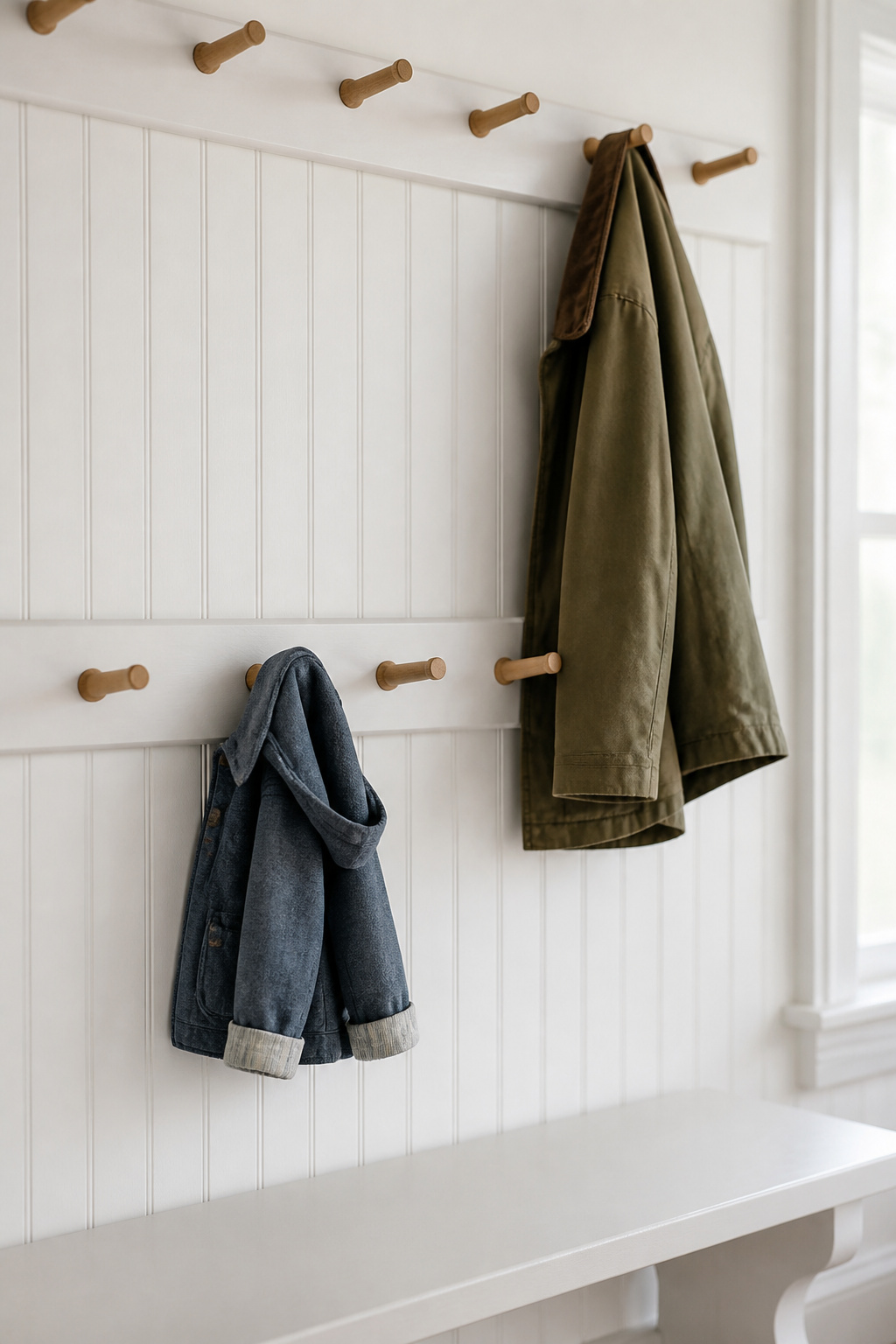 Shaker peg rail with two rows of wooden pegs at child and adult heights above a white mudroom bench