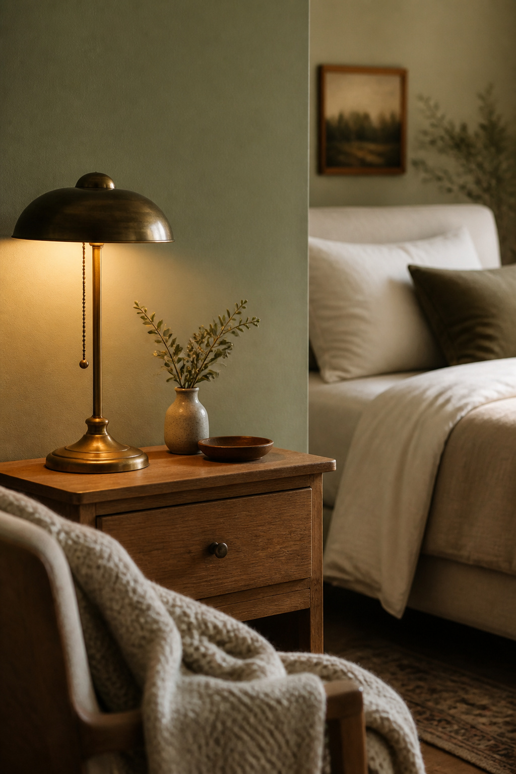 Muted warm sage green bedroom wall behind a honey oak nightstand with a glowing aged brass lamp and wool knit throw
