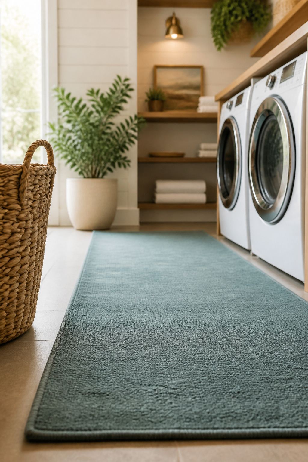 Muted teal washable runner rug laid on a laundry room floor in front of a side-by-side washer and dryer