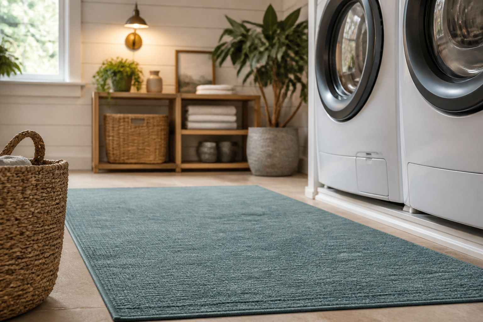 Muted teal washable runner rug laid on a laundry room floor in front of a side-by-side washer and dryer