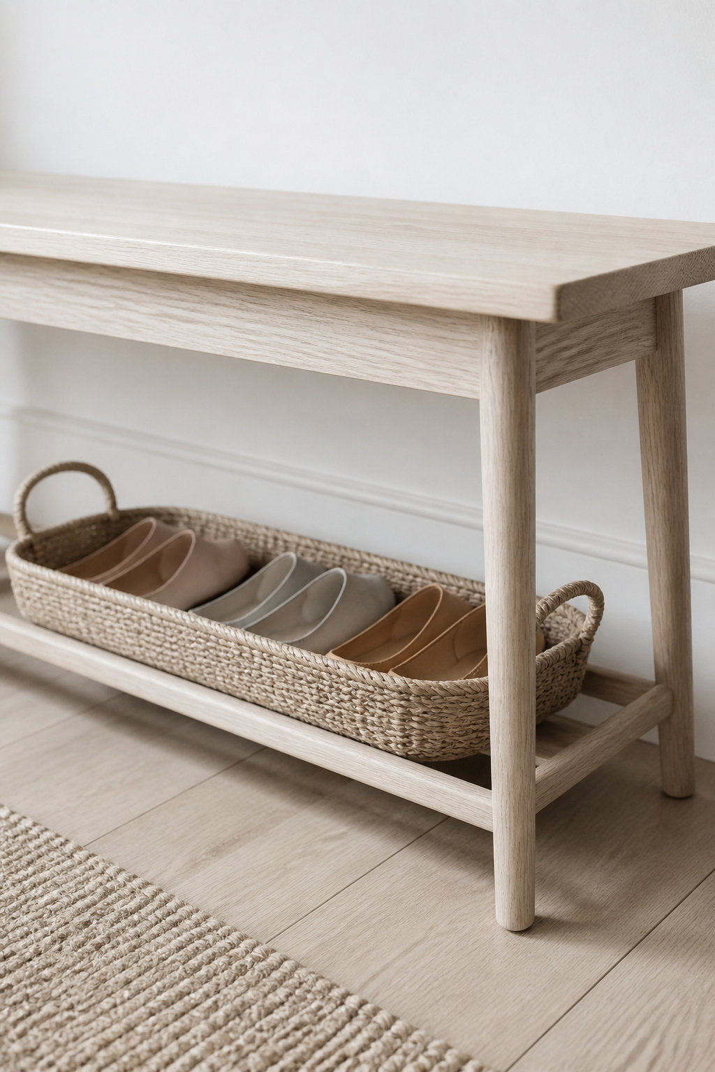 Under-view of a slim pale ash entryway bench with open lower rail and one seagrass basket holding flat shoes