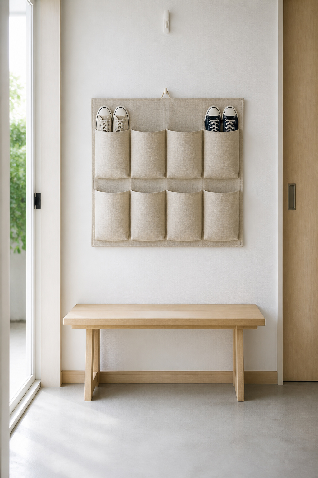 Narrow hallway showing a slim pale wood bench below and a linen shoe pocket organiser on the wall above, holding canvas shoes in pockets