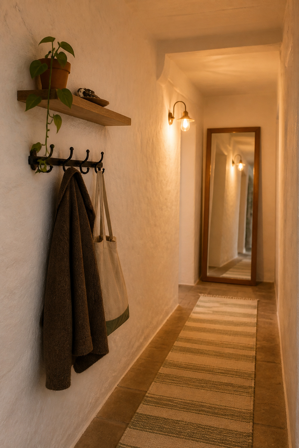 Completed narrow whitewashed cottage hallway in evening light with wrought-iron hook rail, oak floating shelf with pothos and key tray, striped cream runner, and leaning oak mirror reflecting warm sconce glow