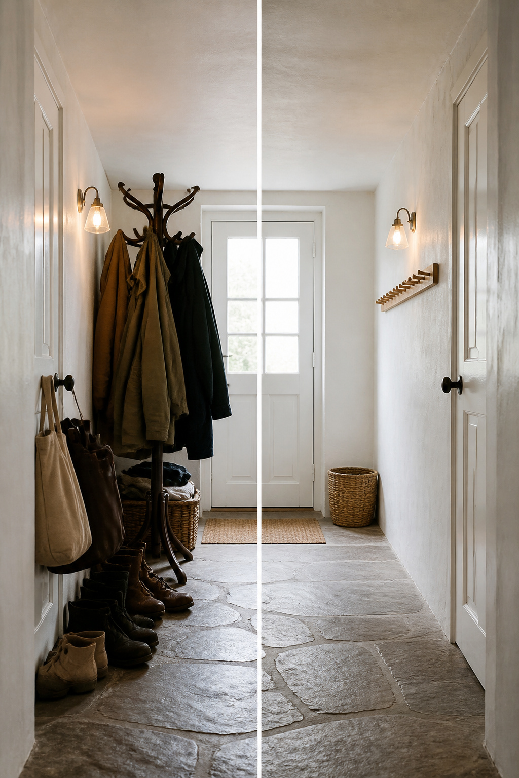 Split view of a narrow cottage hallway — left showing cluttered entry with floor clutter and bulky rack, right showing the same space cleared to a single hook rail and bare stone floor