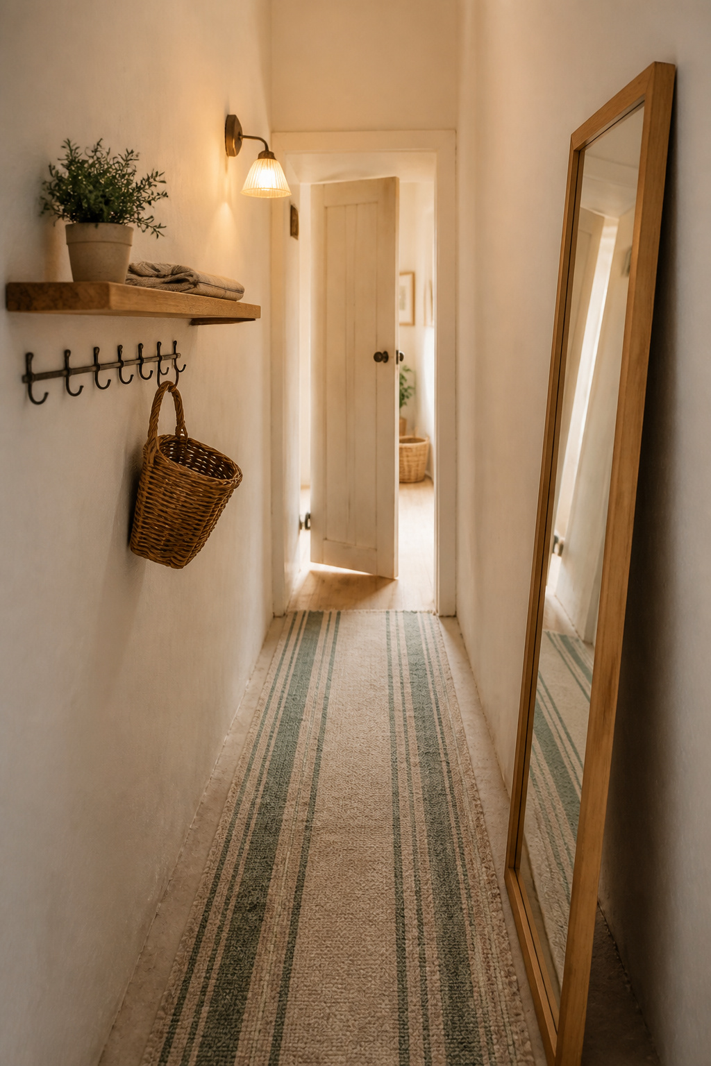 Narrow whitewashed cottage hallway with a floating shelf, wrought-iron coat hooks, a leaning oak-framed mirror, and a striped cotton runner leading to a planked door
