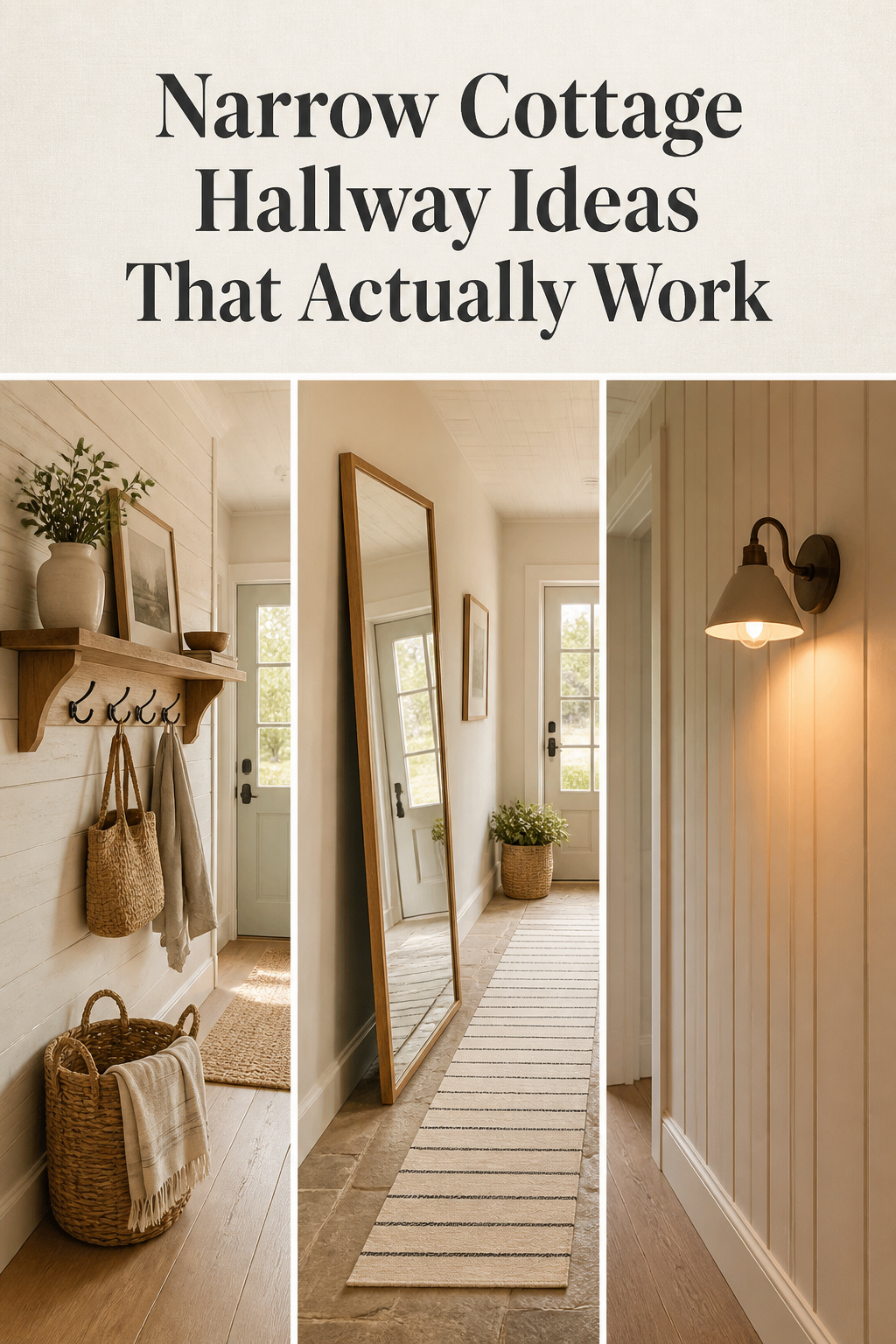 Three-panel Pinterest collage showing a floating shelf with hooks, a leaning mirror with a striped runner, and vertical shiplap with a wall sconce in narrow cottage hallways