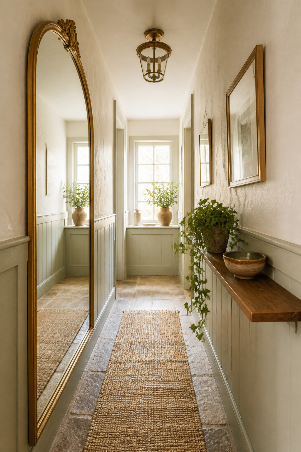 Narrow cottage hallway with large gilt mirror opposite a slim floating console shelf, jute runner on flagstone floor