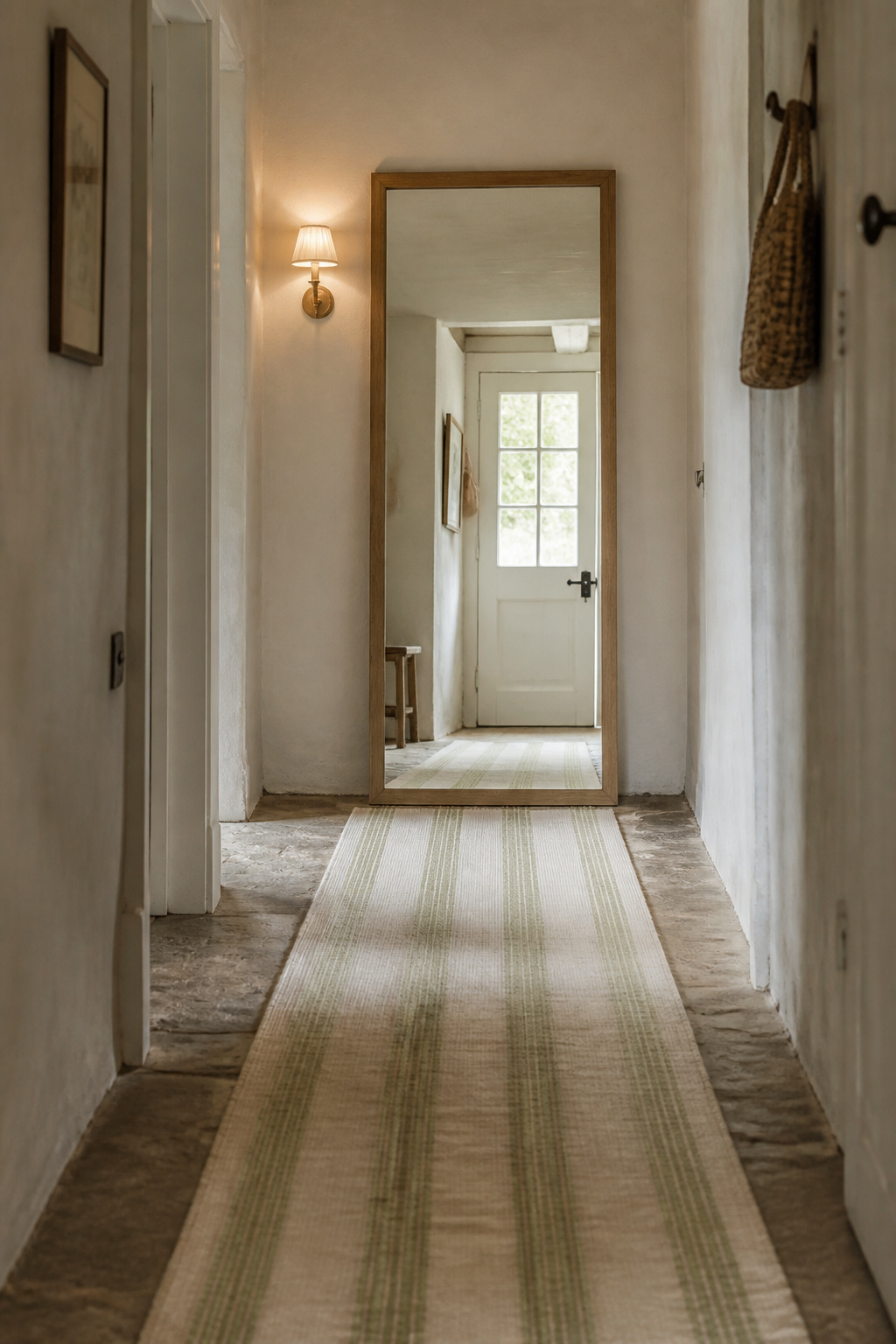 Narrow cottage hallway with a leaning oak-framed mirror at the end reflecting daylight, a cream-and-sage striped runner with stone flags visible on each side, and a warm wall sconce