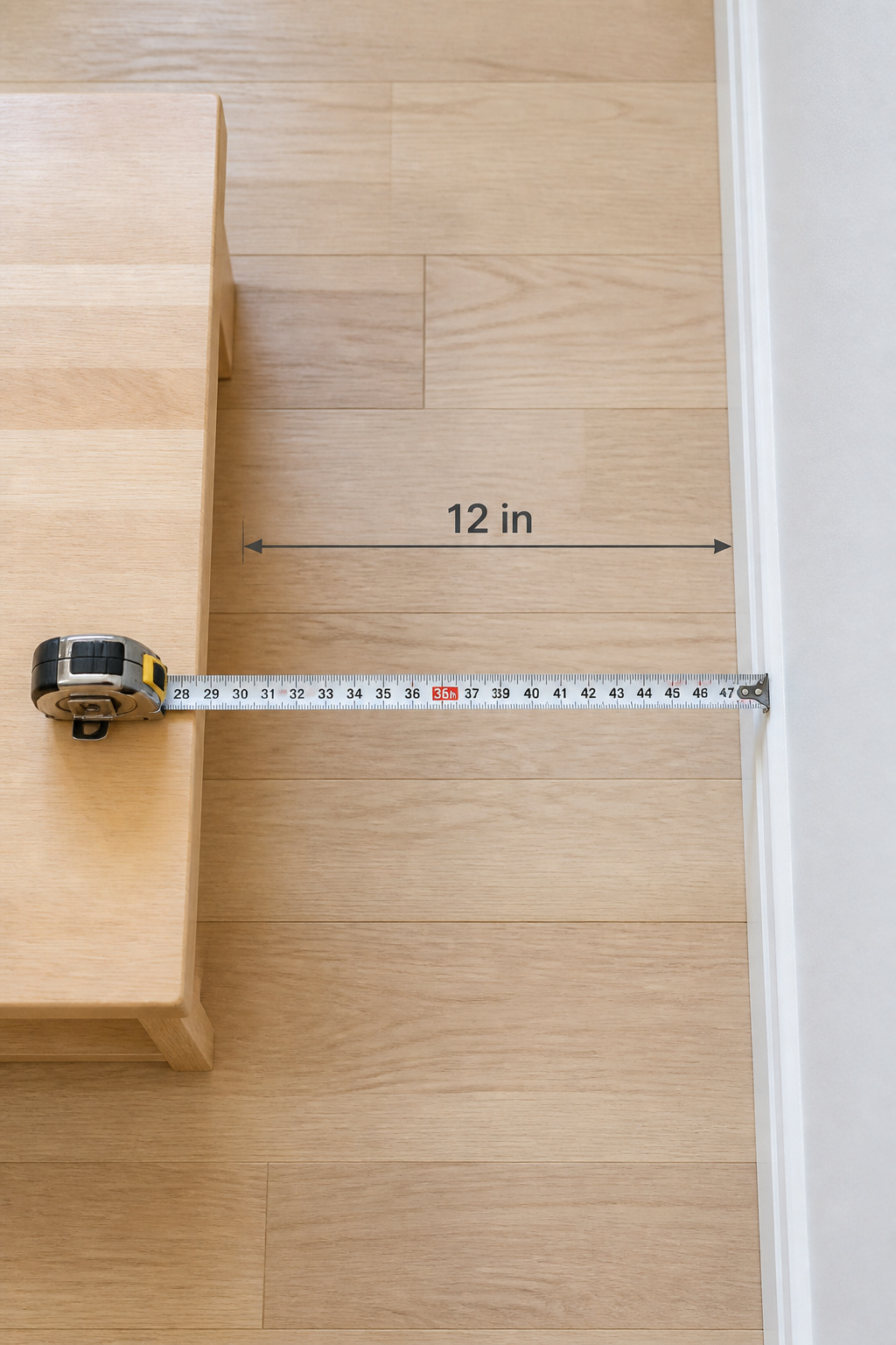 Steel tape measure extended across a narrow hallway floor showing 36 inches of clearance between a slim bench and the opposite wall