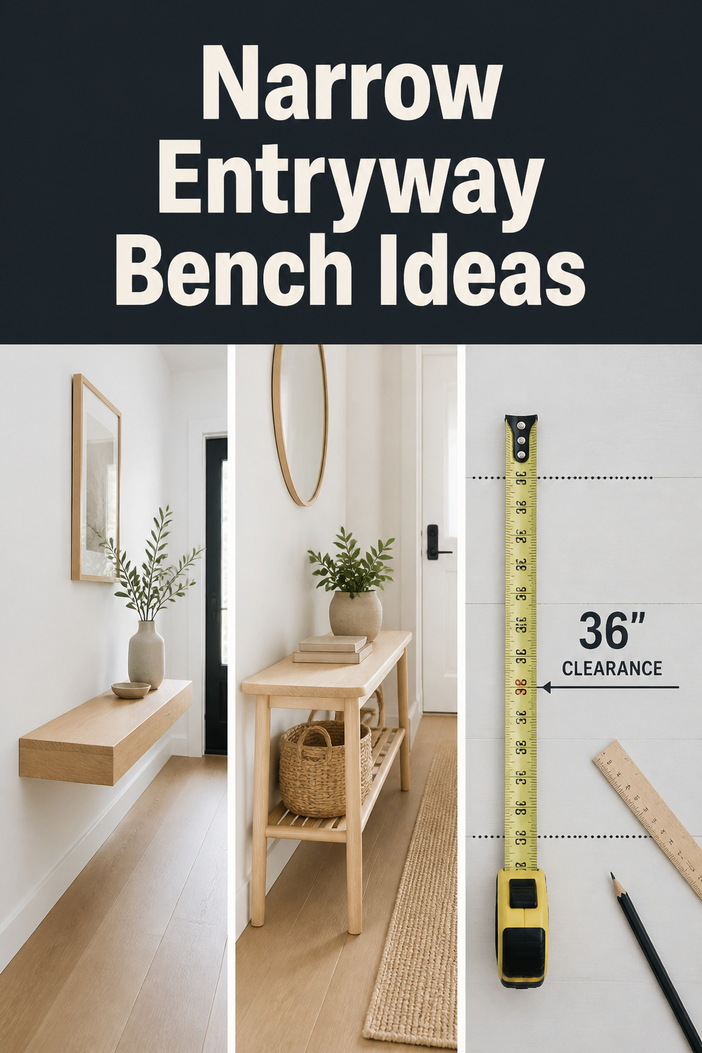 Pinterest collage showing a floating bench, a slim freestanding bench in a narrow hall, and a graphic of the 36-inch clearance rule