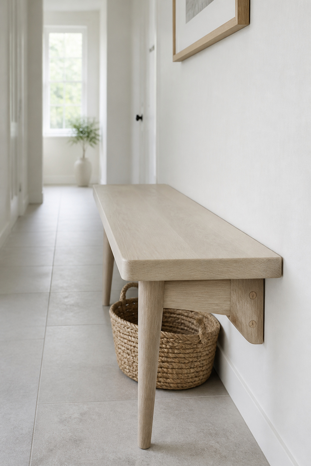 Slim pale ash floating bench mounted to a white hallway wall, 14 inches deep, with a small woven basket tucked underneath