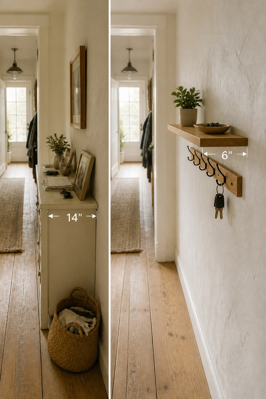 Side-by-side comparison of narrow cottage hallway with a 14-inch floor console versus a 6-inch floating oak shelf with wall hook rail, showing clear floor advantage