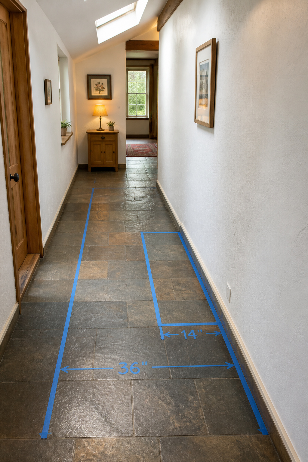 Narrow cottage hallway floor with blue painter's tape marking a 14-inch console footprint against the wall and a 36-inch clear passage zone beside it