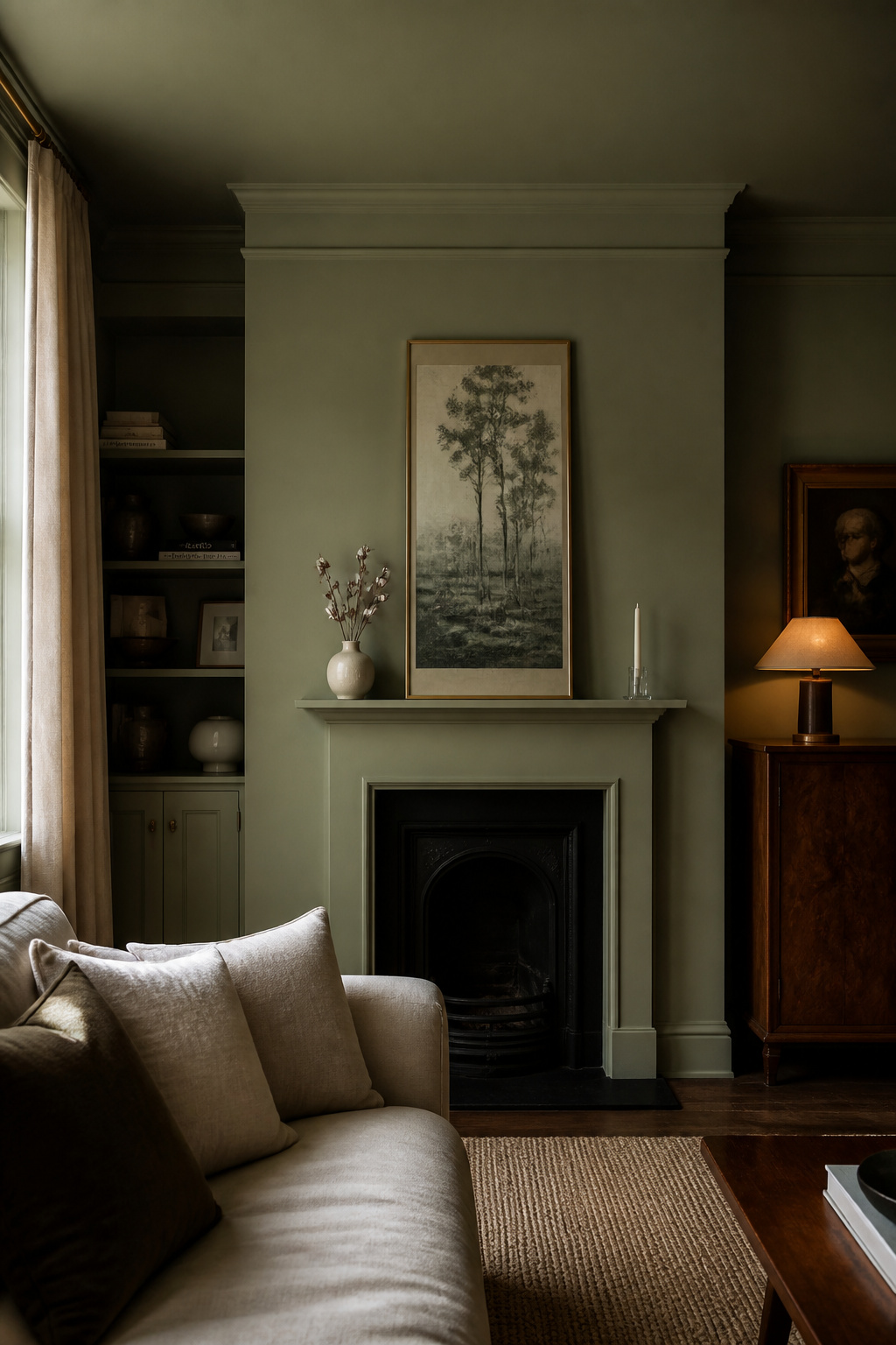 Small apartment living room with sage green colour-drenched narrow fireplace mantel blending into walls, two minimal decorative objects, and tall leaned portrait print