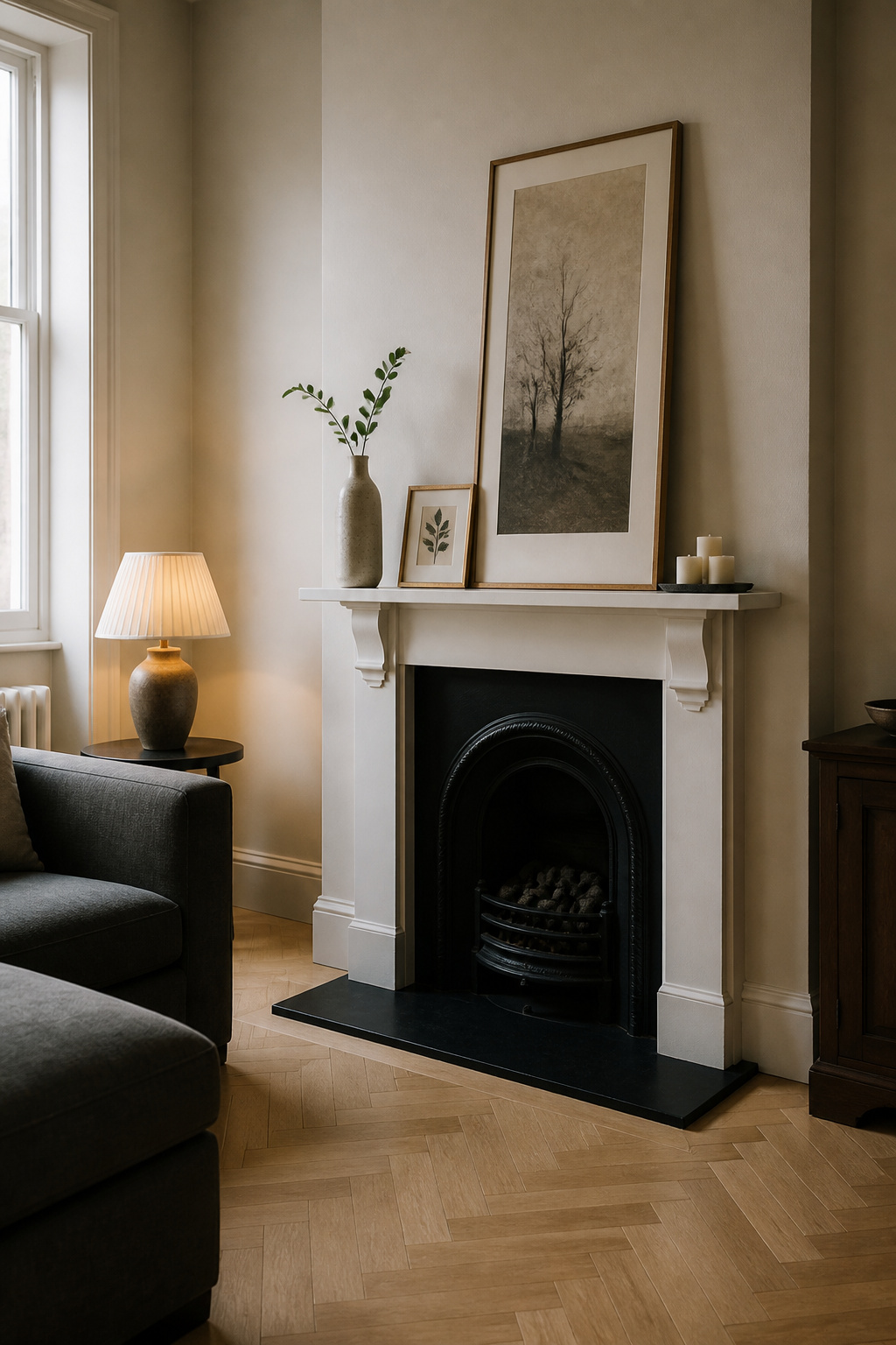 Narrow white wood fireplace mantel with tall ceramic vase, leaned art print, and candle cluster in a compact living room
