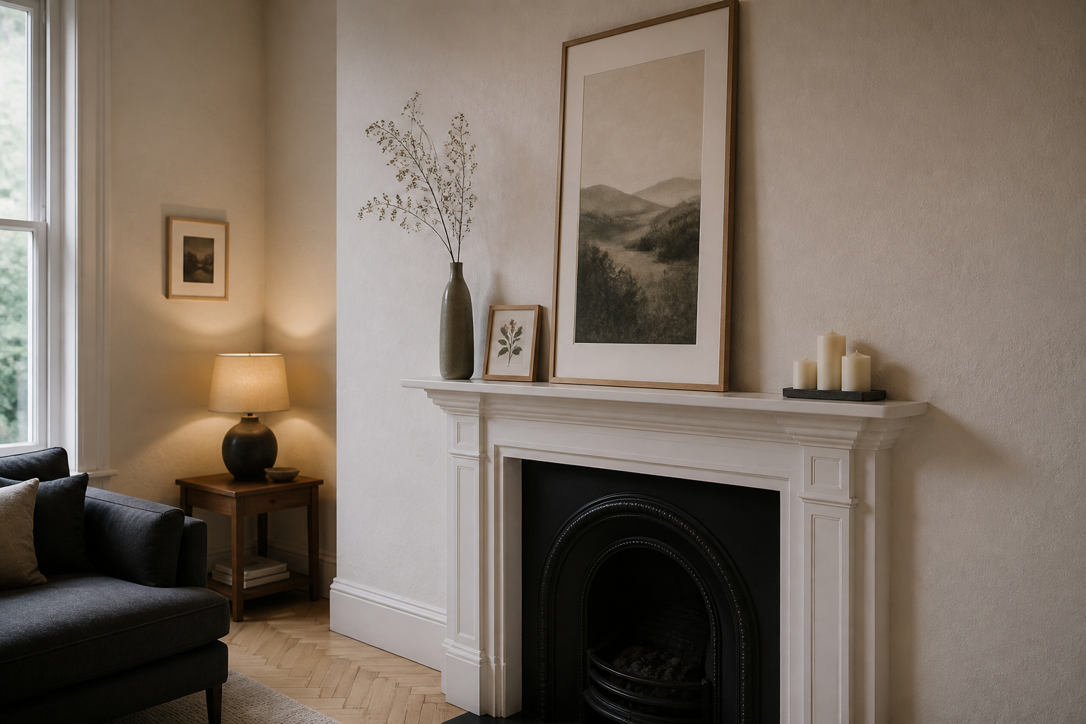 Narrow white wood fireplace mantel with tall ceramic vase, leaned art print, and candle cluster in a compact living room
