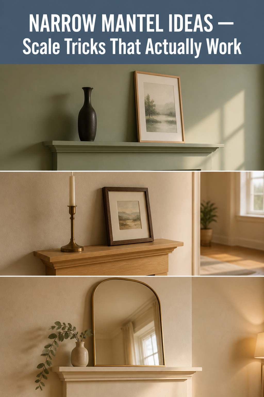 Pinterest collage of three narrow mantel decorating ideas: monochrome wall-mantel pairing, two-object minimal shelf, and leaned mirror renter solution