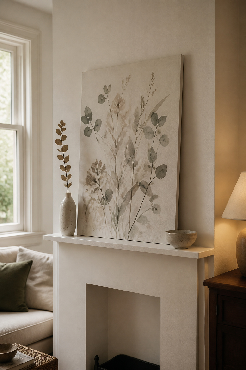 Narrow white fireplace mantel with a large leaned botanical print extending into the wall zone above, with one bud vase and ceramic bowl