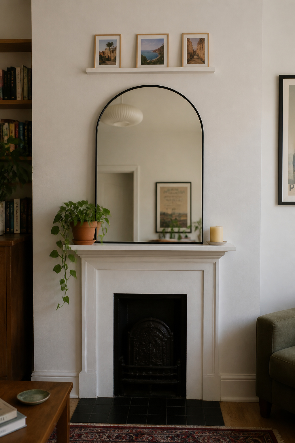 Apartment narrow mantel with leaned arched mirror and Command picture ledge above holding lightweight prints, no drilling