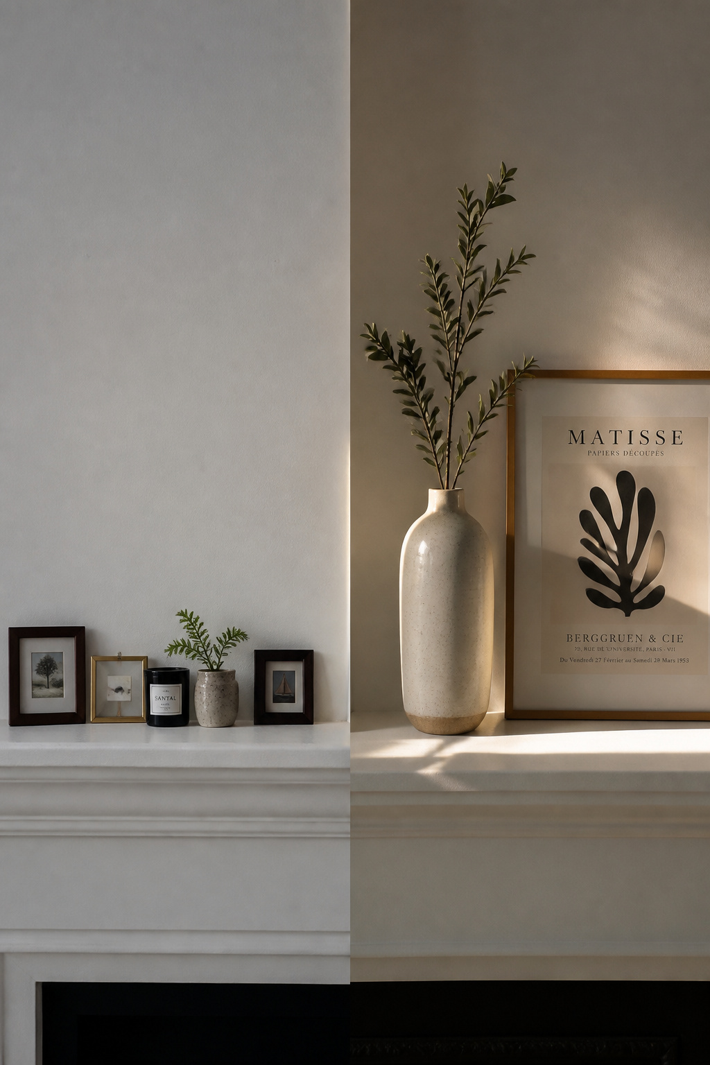 Side-by-side comparison of a narrow mantel shelf: five small objects at the same height versus one tall vase with a leaned print