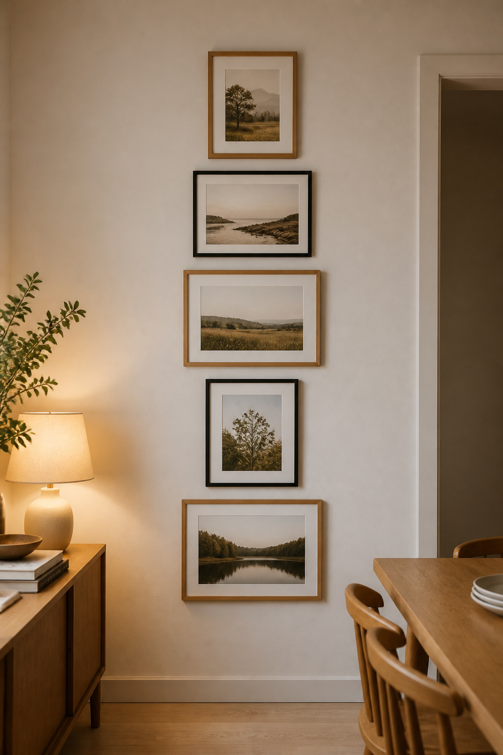 Narrow vertical gallery wall of five mixed-frame prints stacked in a column in a small dining room, drawing the eye upward toward the ceiling