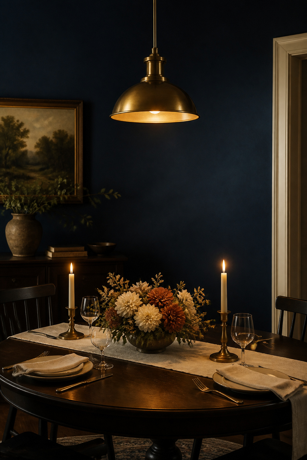 Moody dining room with deep navy matte walls and warm brass pendant light, white linen table setting at dinner