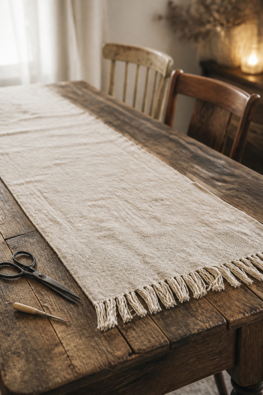 No-sew linen table runner with a pulled-thread fringe edge on a boho dining table