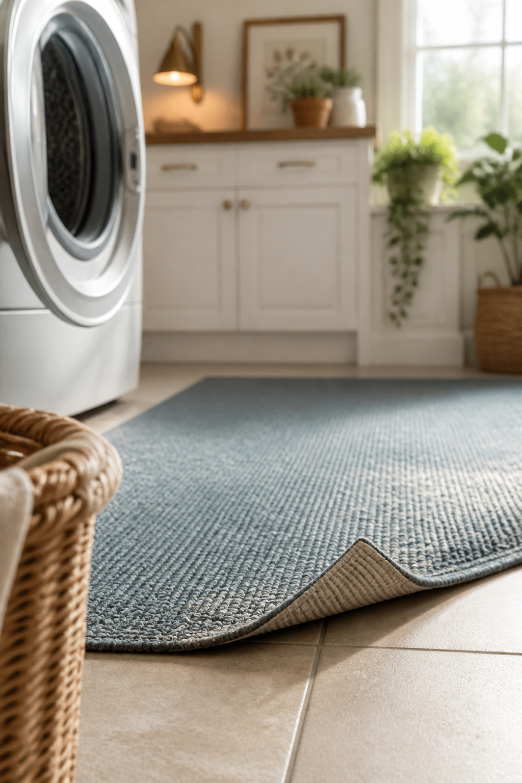 Muted teal non-slip runner rug sized with clearance around an open front-load washer door