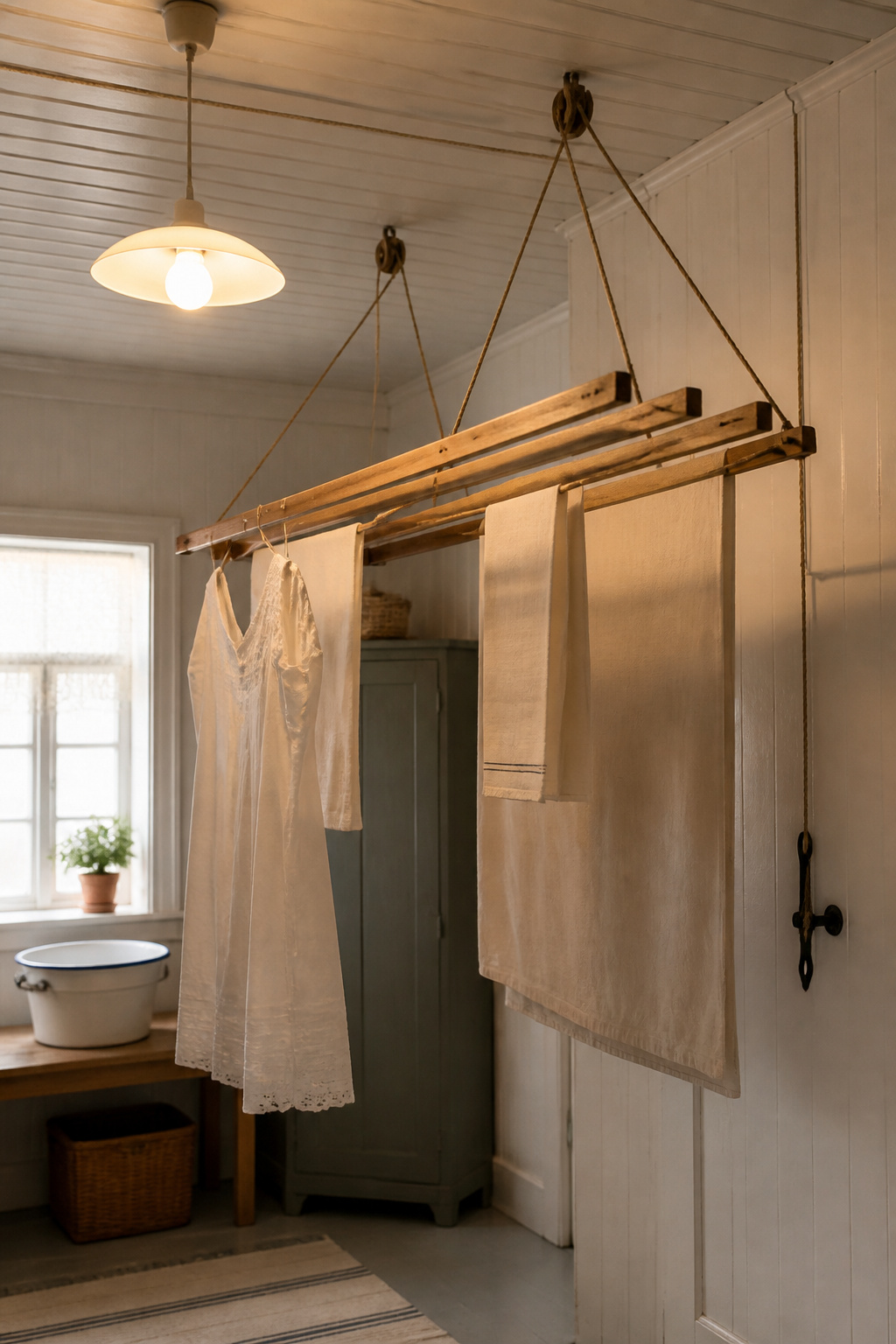 Traditional wooden ceiling pulley clothes airer lowered in a Nordic laundry room with white linen garments drying on pine laths, rope running to wall cleat