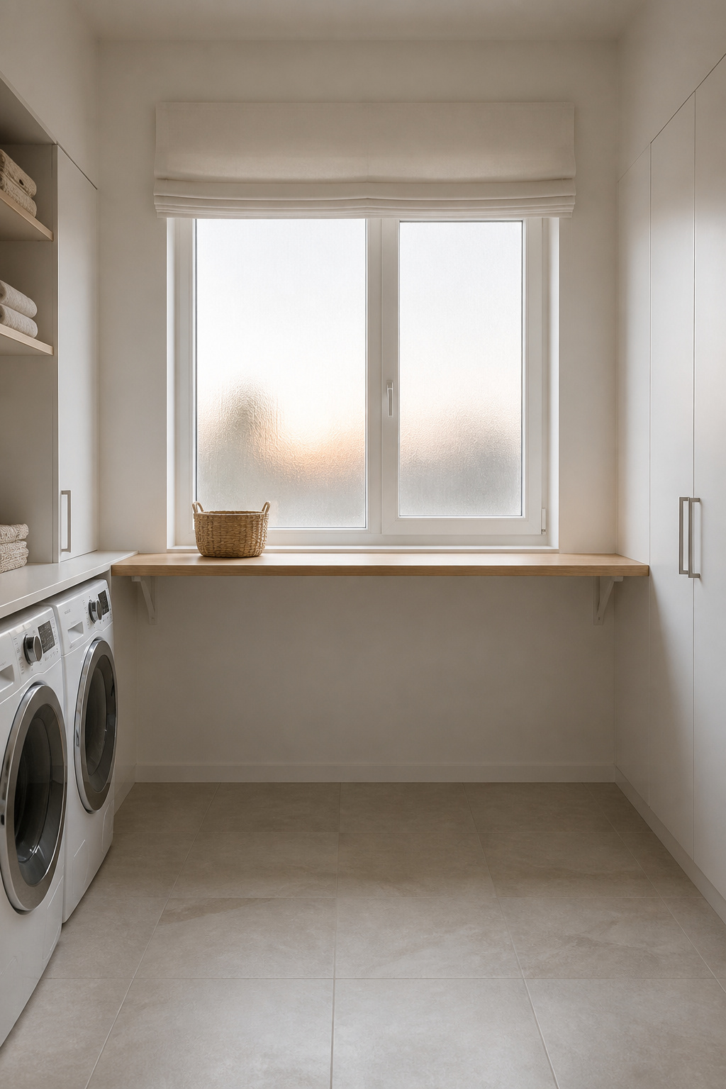 Small Nordic laundry room at dawn bathed in soft diffuse natural light through a frosted casement window, white walls, pale oak counter, linen Roman shade raised